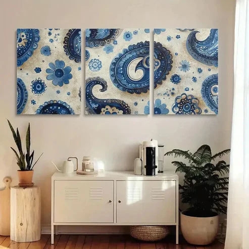 3pcs Seamless Turquoise Paisley Floral & Blue Wall Art Canvas Unframed - High Quality Print 100% Australian Made Wall Canvas