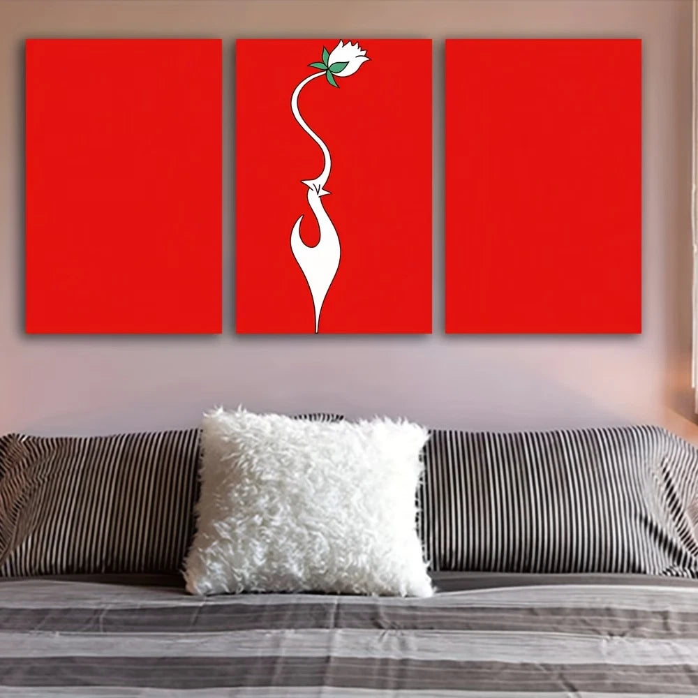 3pcs White Flowers on a Red Background Wall Art Set Canvas Framed 60x90cm - High Quality Print 100% Australian Made Wall Canvas Ready to Hang