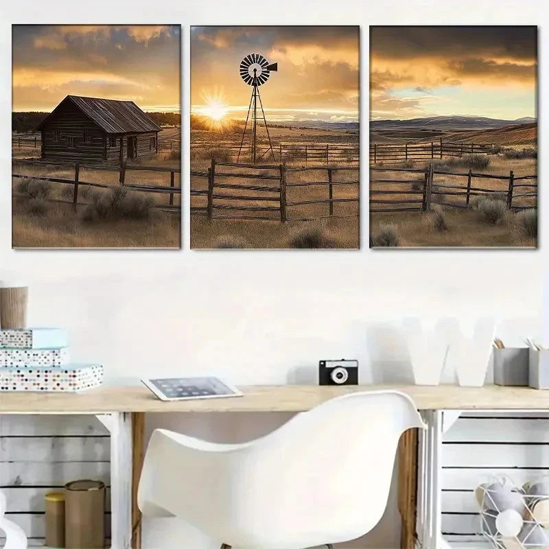 3pcs Rural Farm Sunset Wall Art Set Metal Print Ready to Hang Art - Bella Home Decor