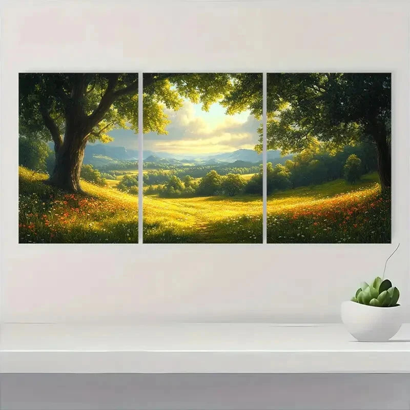 3pcs Pastoral Countryside Landscape with Trees Metal Print Ready to Hang Art - Bella Home Decor