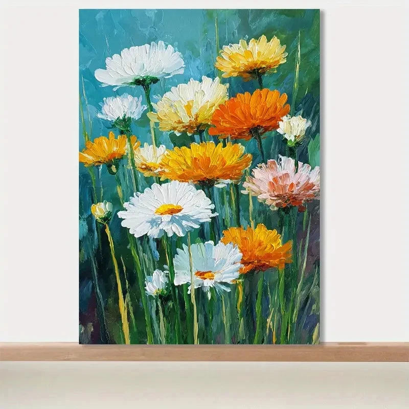 White & Yellow Daisies On Blue Background Painting 40x60cm Metal Print Ready to Hang