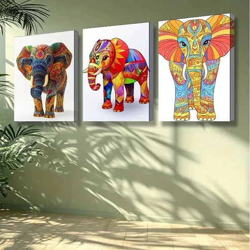 3pcs Vibrant Stylized Elephant Wall Art Set Canvas Unframed - High Quality Print 100% Australian Made Wall Canvas