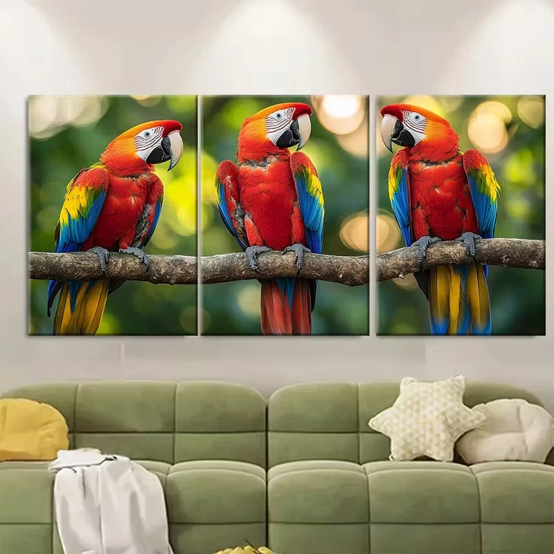 3pcs Tropical Birds Perched on Tree Branch Metal Print Ready to Hang Art