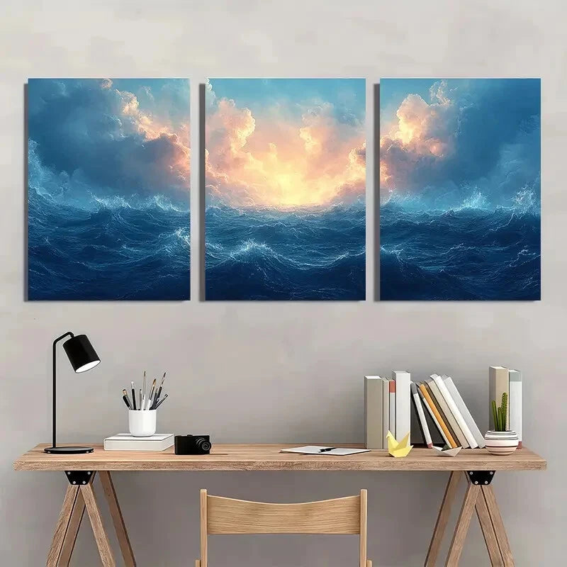 3pcs Featuring an Ocean Landscape Artwork Metal Print Ready to Hang Art - Bella Home Decor