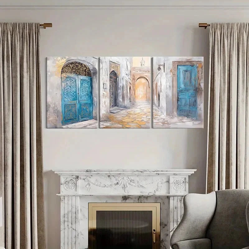3pcs Arabesque Architectural Abstract Oriental Metal Print Ready to Hang Art - Bella Home Decor