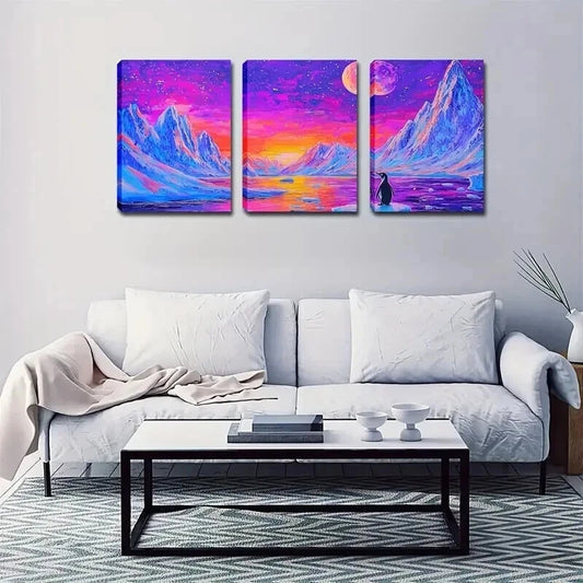 3pcs Moon in the Style of a Mountain Landscape Wall Art Set Canvas Framed 50x70cm - High Quality Print 100% Australian Made Wall Canvas Ready to Hang