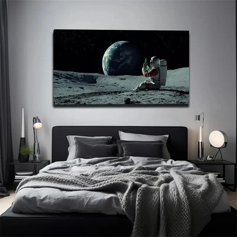 Astronaut & Earth On The Moon Wall Art Canvas Office Home Room Framed 120x60cm