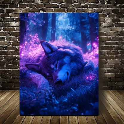 Enchanting Wolf In Magical Forest Painting 40x60cm Metal Print Ready to Hang - Bella Home Decor