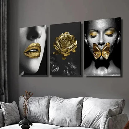 3pcs woman with Golden lipstick girl with Gold Wall Art Set Canvas Unframed - High Quality Print 100% Australian Made Wall Canvas