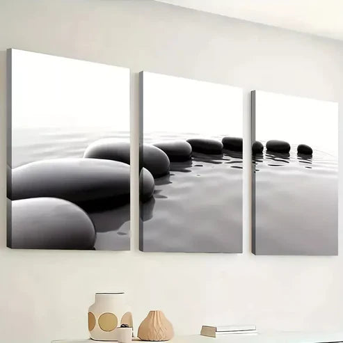 3pcs Simple Modern Black and White Stones Water Wall Art Canvas Unframed - High Quality Print 100% Australian Made Wall Canvas