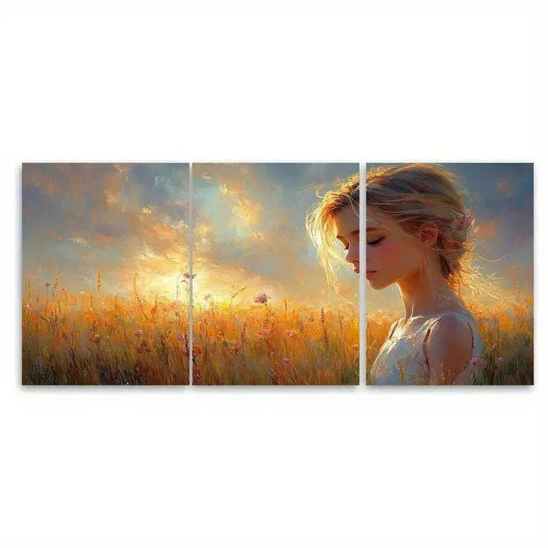 3pcs Alberto Pla Rubio Girl in a Field Metal Print Ready to Hang Art - Bella Home Decor