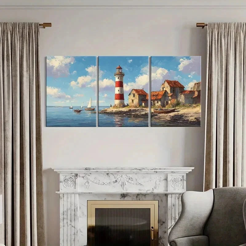 3pcs Lighthouse Coastal Scene Nautical Art Metal Print Ready to Hang Art - Bella Home Decor