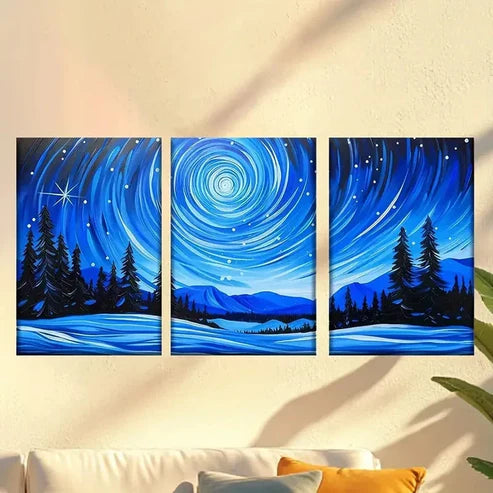 3pcs Vibrant Starry Night Snow Mountain Scene Wall Art Set Canvas Unframed - High Quality Print 100% Australian Made Wall Canvas