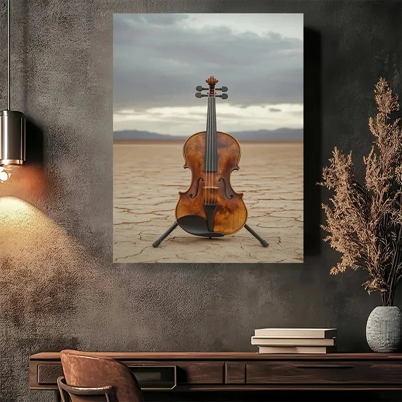 Beautiful Desert Violin Serenity Vintage Painting 40x60cm Metal Print Ready to Hang