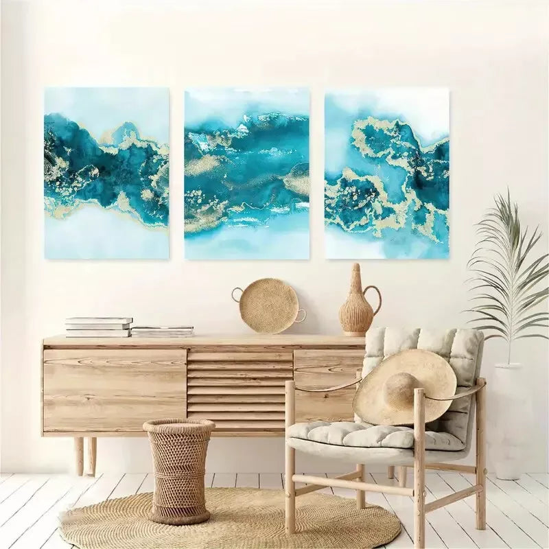 3pcs Turquoise Abstract Canvas Framed 40x60cm - High Quality Print 100% Australian Made Wall Canvas Ready to Hang - Bella Home Decor