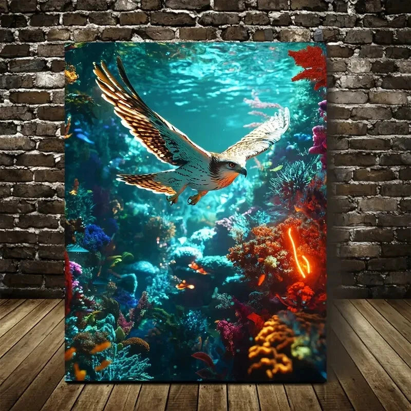 Hawk Underwater Scene with Coral Reef & Neon Painting 40x60cm Metal Print Ready to Hang - Bella Home Decor