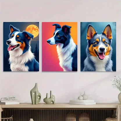 3pcs Vibrant Moonlight Sky Forest Collie Dog Wall Art Set Canvas Unframed - High Quality Print 100% Australian Made Wall Canvas