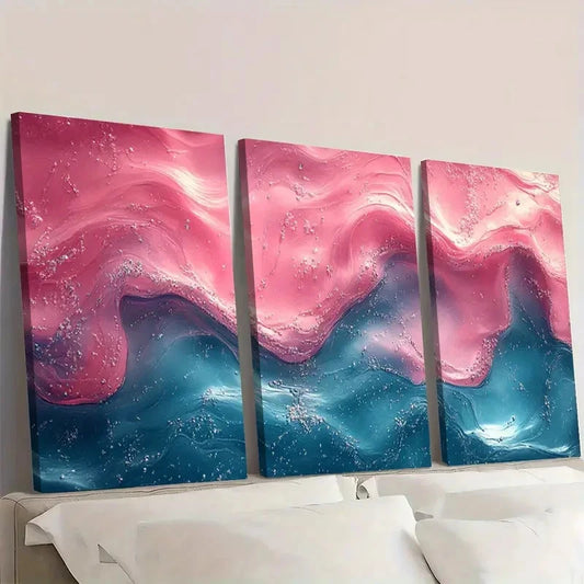 3pcs Vibrant Pink & Green Swirls on Blue GT Wall Art Set Canvas Framed 60x90cm - High Quality Print 100% Australian Made Wall Canvas Ready to Hang