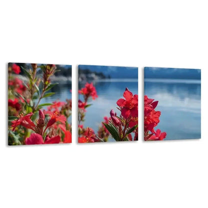 3pcs Vibrant Red Blooms Near Calm Blue Lake  Wall Art Set Canvas Framed 40x60cm - High Quality Print 100% Australian Made Wall Canvas Ready to Hang - Bella Home Decor