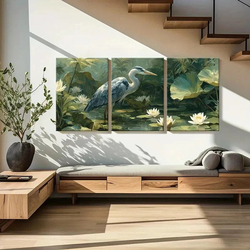 3pcs Heron Waterlily Pond Nature Landscape Metal Print Ready to Hang Art - Bella Home Decor