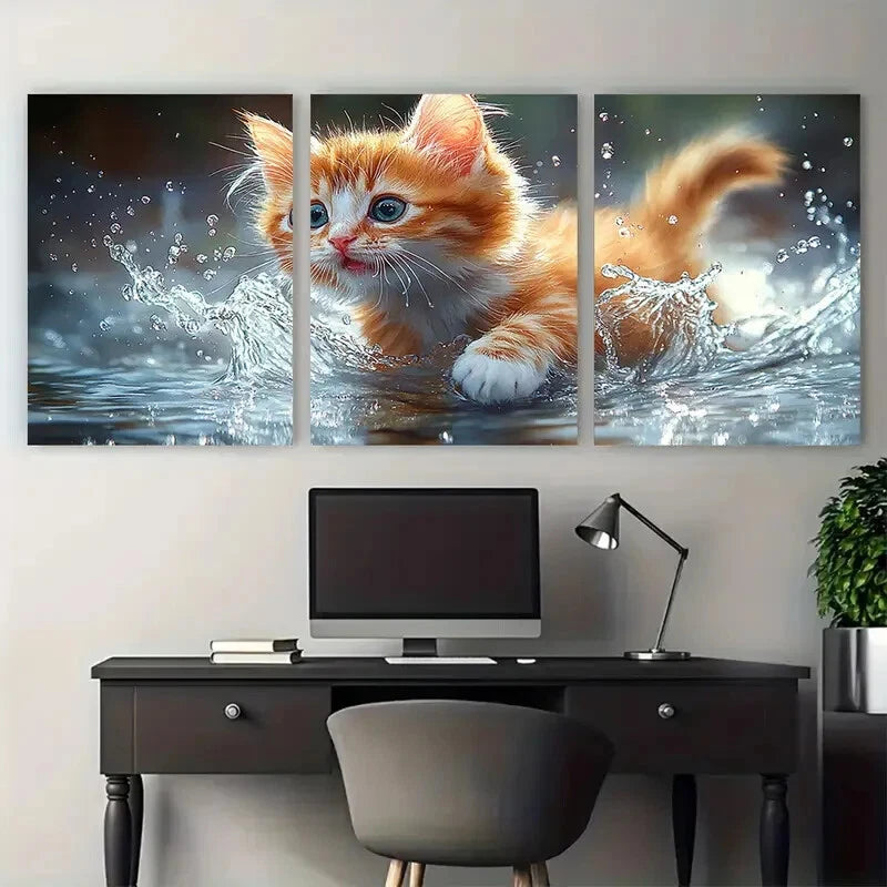 3pcs Fluffy Kitten Playing with Water Metal Print Ready to Hang Art - Bella Home Decor