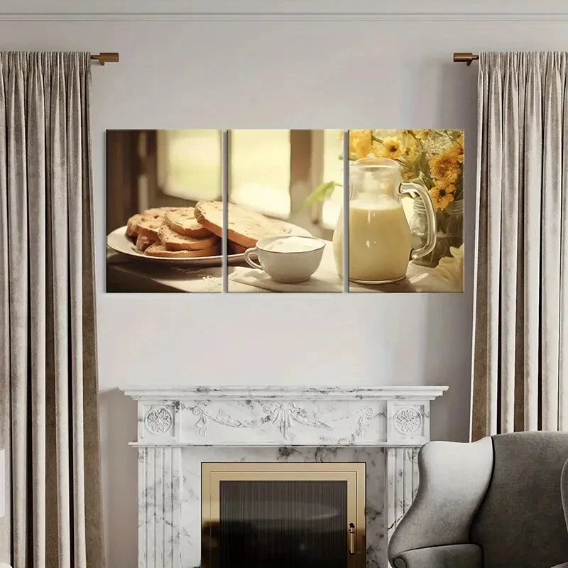 3pcs Warm Breakfast Golden Sunlight Fresh Bread Metal Print Ready to Hang Art - Bella Home Decor