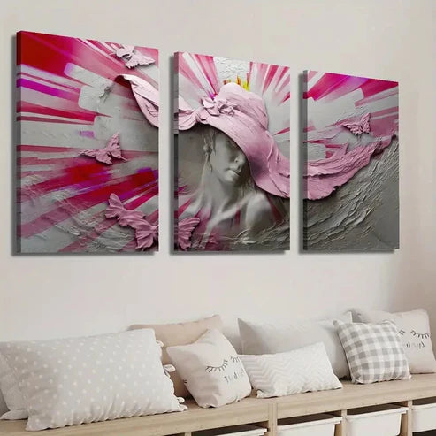 3pcs Woman Wearing a Hat and Butterflies Wall Art Set Canvas Unframed - High Quality Print 100% Australian Made Wall Canvas