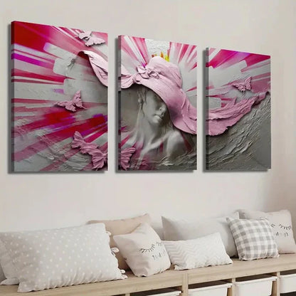 3pcs Woman Wearing a Hat and Butterflies Wall Art Set Canvas Unframed - High Quality Print 100% Australian Made Wall Canvas