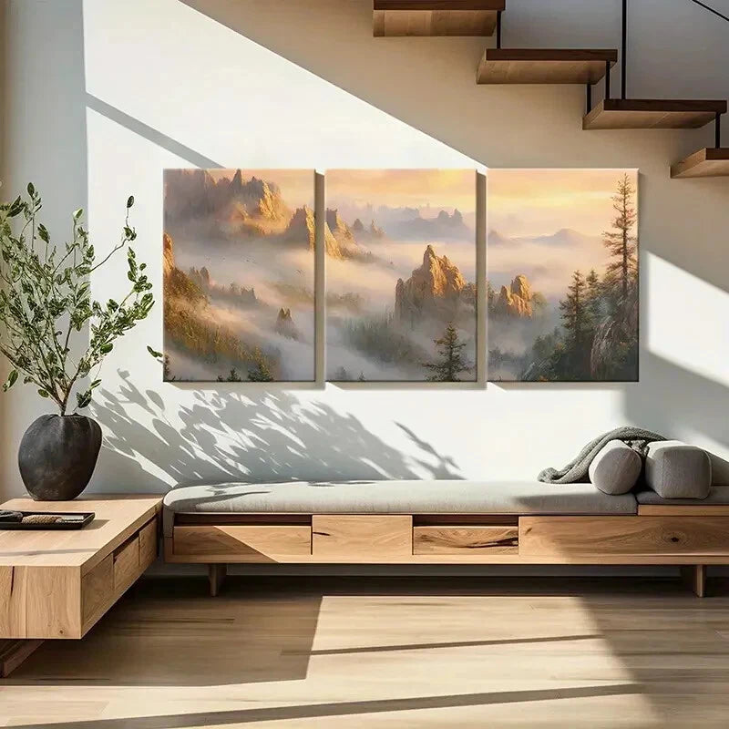3pcs Mountain Landscape Misty Peaks Forest Scene Metal Print Ready to Hang Art - Bella Home Decor