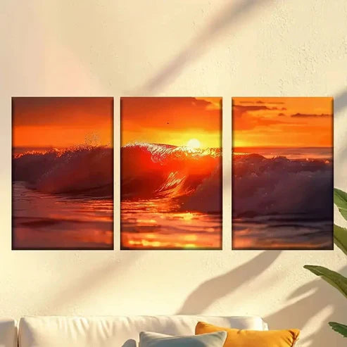 3pcs Red Waves at Dusk Wall Art Canvas Unframed - High Quality Print 100% Australian Made Wall Canvas