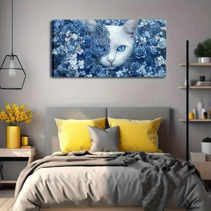 Blue-Eyed White Cat Blue Wall Art Canvas Office Home Room Framed 120x60cm