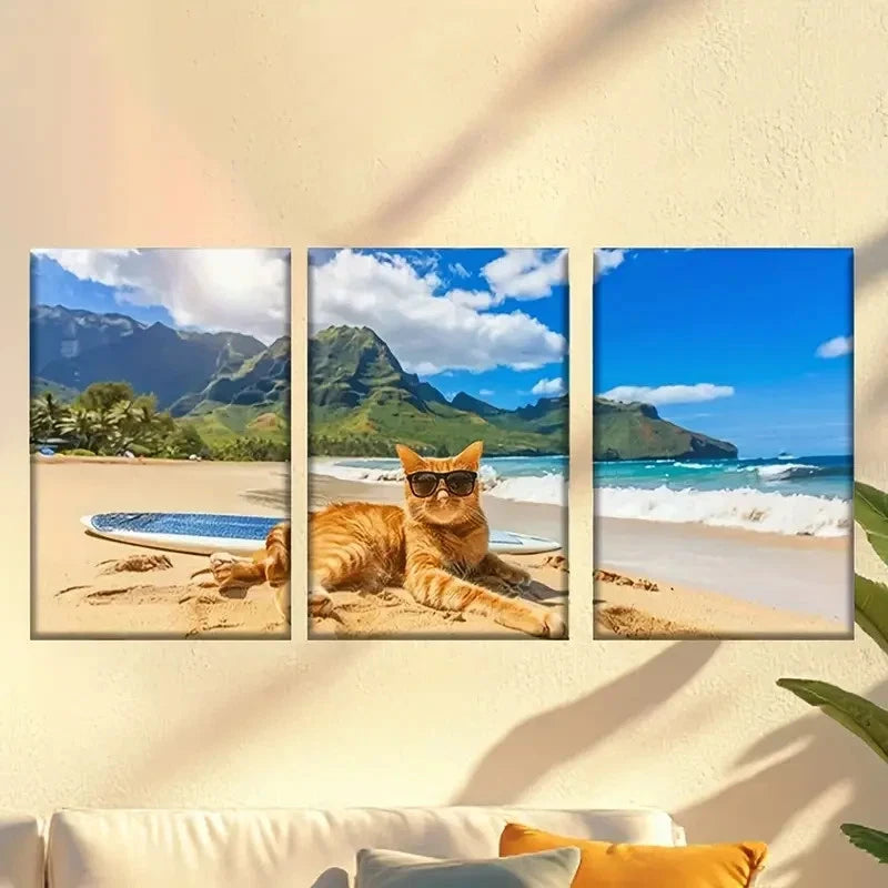 3pcs cat laying on the beach Wall Art Set Canvas Framed 60x90cm - High Quality Print 100% Australian Made Wall Canvas Ready to Hang - Bella Home Decor