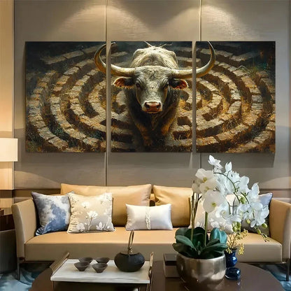 3pcs Majestic Bull Roaming Around Labyrinth Metal Print Ready to Hang Art