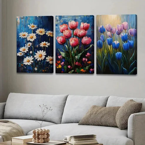 3pcs Exquisite And Charming Floral Blue Red Sun Wall Art Set Canvas Unframed - High Quality Print 100% Australian Made Wall Canvas