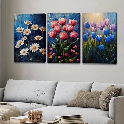 3pcs Exquisite And Charming Floral Blue Red Sun Wall Art Set Canvas Unframed - High Quality Print 100% Australian Made Wall Canvas