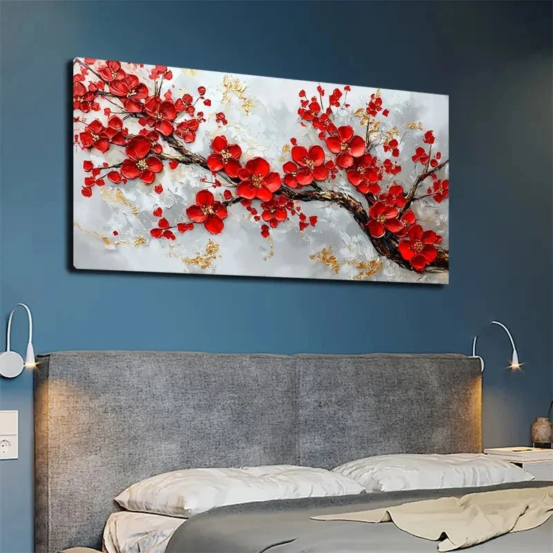 Vibrant Red Blooms And Golden Wall Art canvas office home room framed 120x60cm