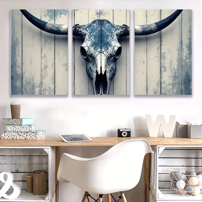 3pcs Bull Skulls with Horns Art Deco Style  Wall Art Set Canvas Framed 40x60cm - High Quality Print 100% Australian Made Wall Canvas Ready to Hang - Bella Home Decor
