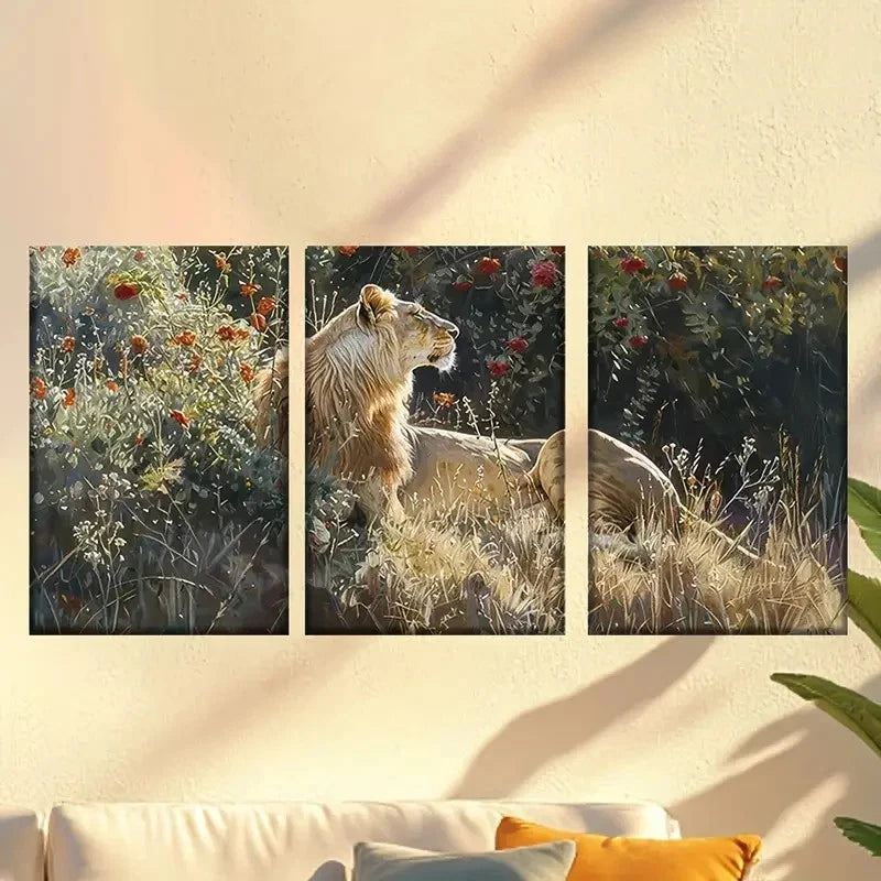 3pcs Enchanting flowers and lions Wall Art Set Canvas Framed 40x60cm - High Quality Print 100% Australian Made Wall Canvas Ready to Hang - Bella Home Decor