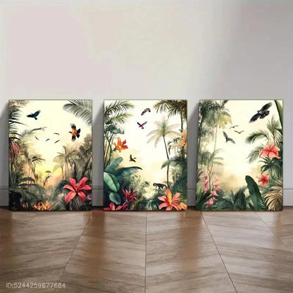 3pcs Vibrant Tropical Jungle Birds and Flowers Metal Print Ready to Hang Art
