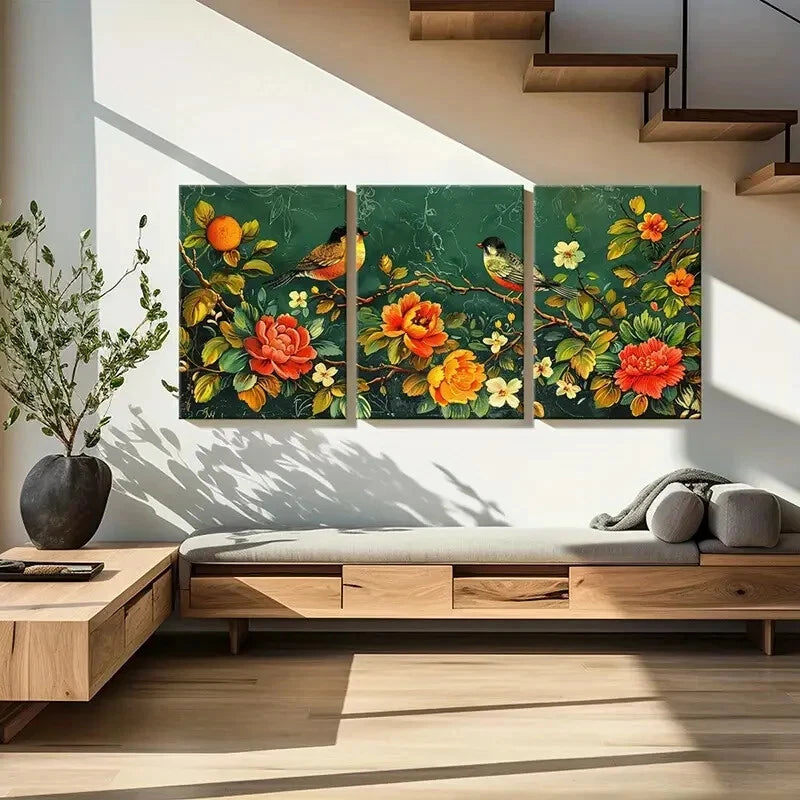3pcs Birds Vibrant Flowers Elegant Branches Metal Print Ready to Hang Art - Bella Home Decor