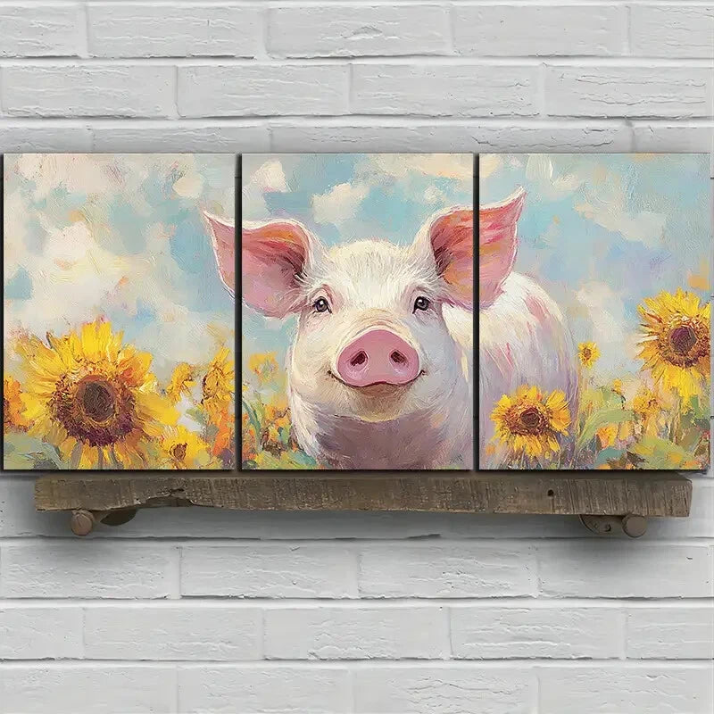 3pcs Sunflower Pigs in The Fields Metal Print Ready to Hang Art - Bella Home Decor