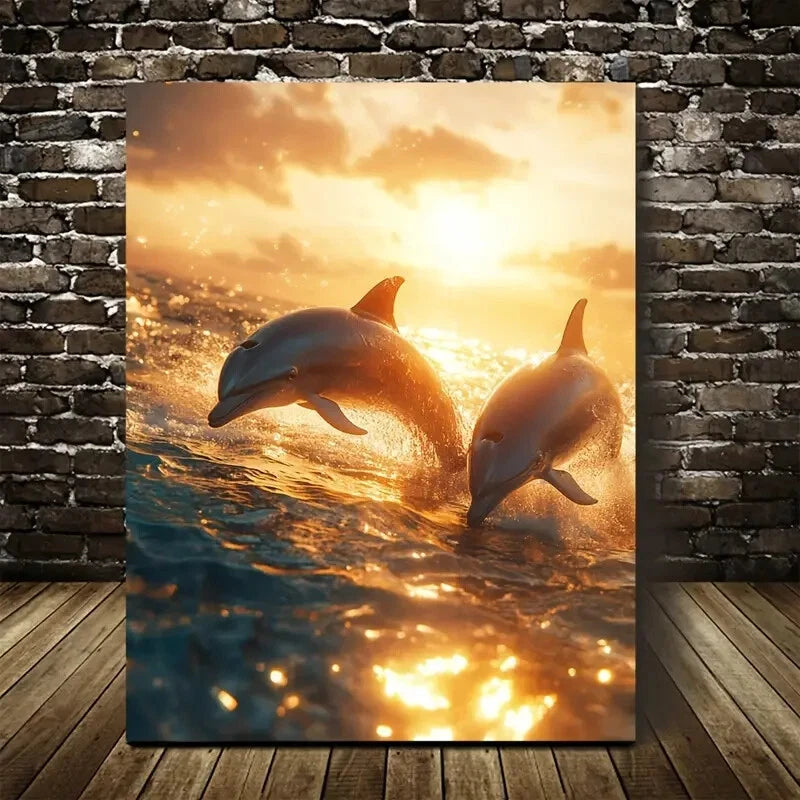 Cyberpunk Dolphins Chasing Each Other At Golden 40x60cm Metal Print Ready to Hang - Bella Home Decor