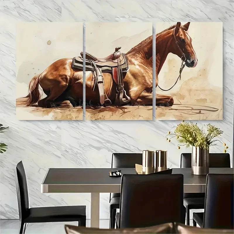 3pcs Brown Horse with Saddle & Bridle Metal Print Ready to Hang Art - Bella Home Decor