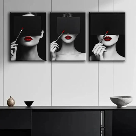 3pcs A Woman in Red Lipstick Darkness Perfect Wall Art Set Canvas Framed 40x60cm - High Quality Print 100% Australian Made Wall Canvas Ready to Hang