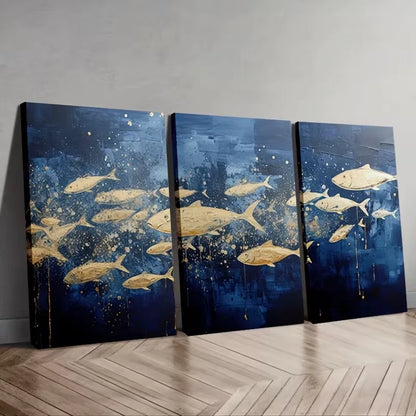 3pcs Abstract Fish School Wall Art Set Canvas Framed 50x70cm – High Quality Print, 100% Australian Made, Ready to Hang