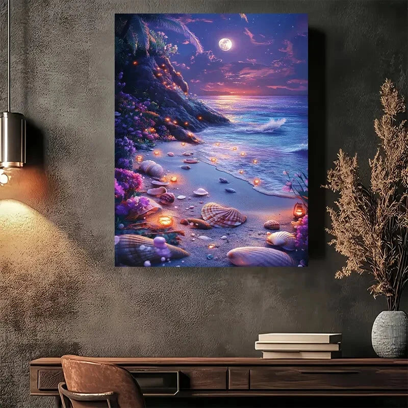 Beautiful Enchanted Beach Night Scene Painting 40x60cm Metal Print Ready to Hang - Bella Home Decor