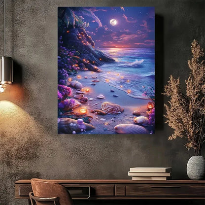 Beautiful Enchanted Beach Night Scene Painting 40x60cm Metal Print Ready to Hang - Bella Home Decor
