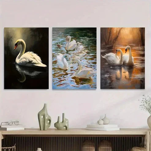 3pcs Swan Lake Painting Classic Style Wall Art Set Canvas Unframed - High Quality Print 100% Australian Made Wall Canvas