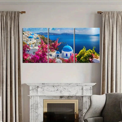 3pcs Santorini Landscape White Buildings Metal Print Ready to Hang Art - Bella Home Decor