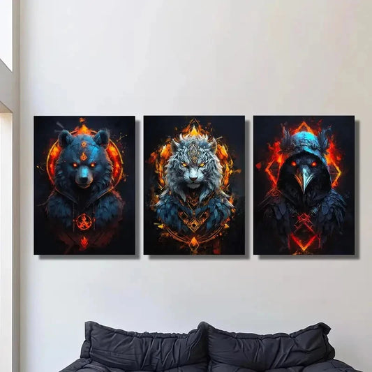3pcs red flaming white tiger, Black bear, crow Metal Print Ready to Hang Art